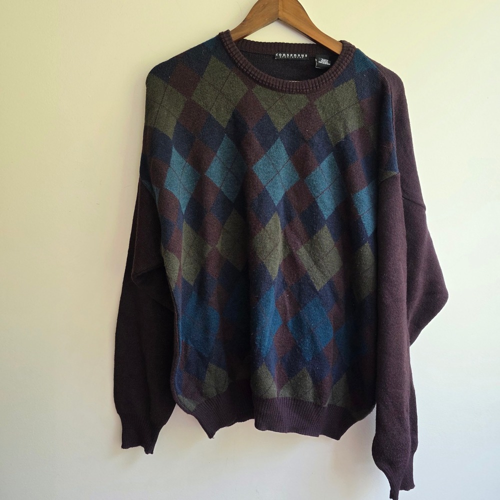 Consensus Sportswear Mens Argyle Knit Sweater Burgundy Purple Office Work XL